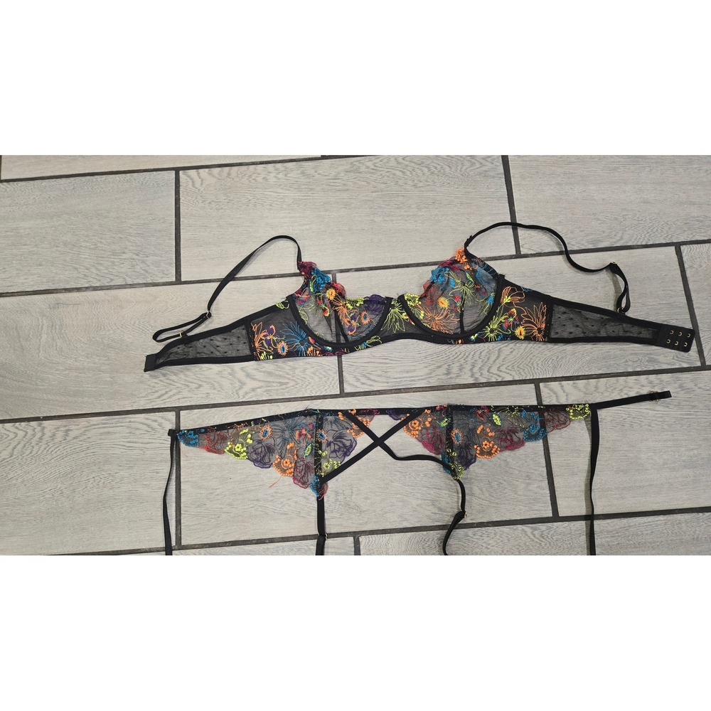 Neon Floral Embroidered Mesh Bra and Garter Belt Lingerie Set Black Underwire - Picture 2 of 5